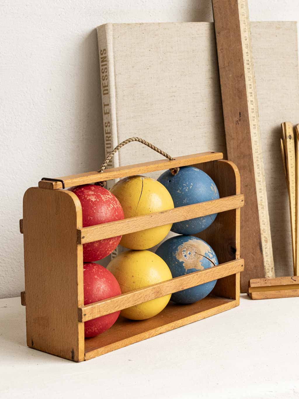 jeu de boule ancien en bois , boule bois peint