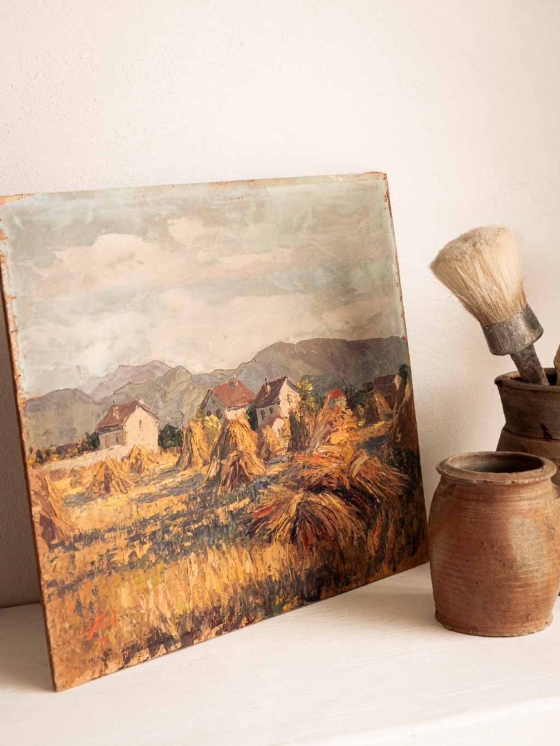 huile sur bois, paysage scène paysanne sud de la France