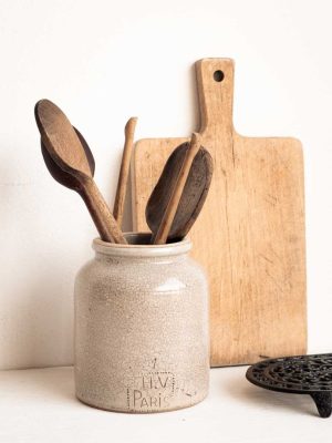 Grand pot à ustensiles ancien en grès gris beige