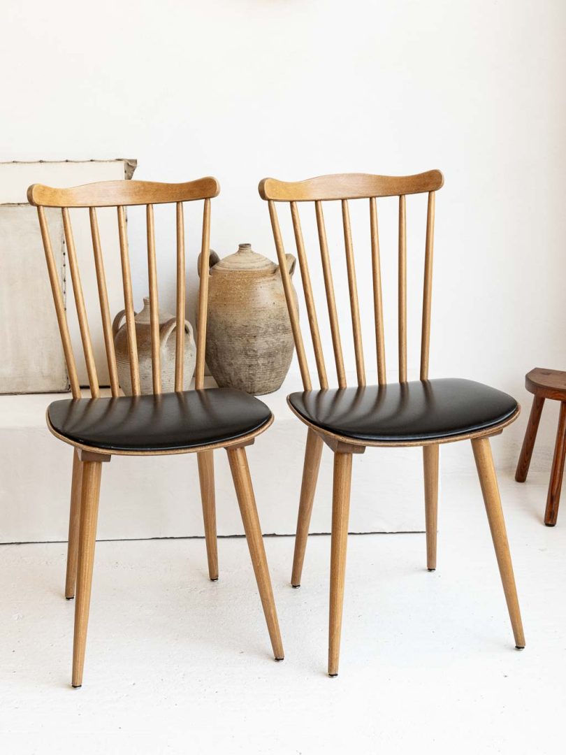 lot de 2 chaises Baumann Sonate / Menuet, dossier à barreaux assise simili noir