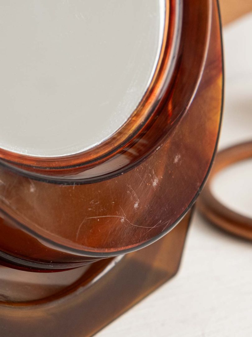 Miroir vintage année 1970 en plastique marron, 2 faces, détail défaut