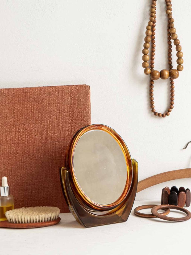 Miroir vintage année 1970 en plastique marron, 2 faces