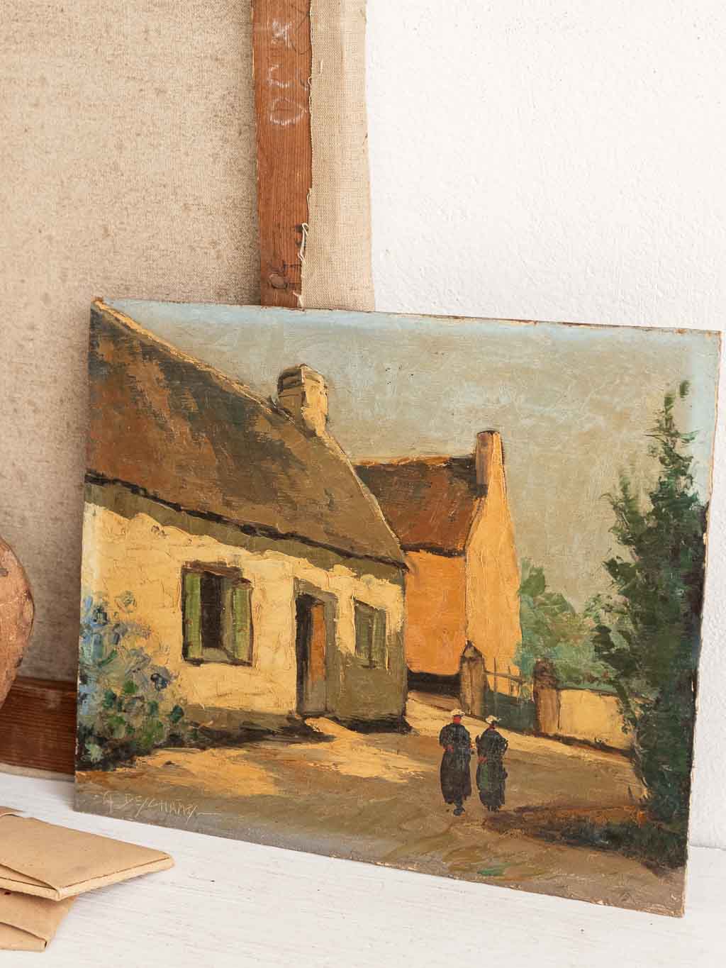 Huile sur isorel signée G. Deschamps village bretagne