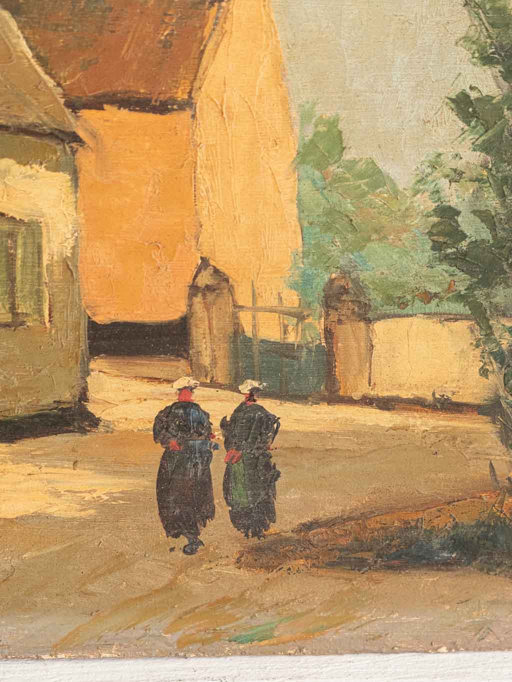 Huile sur isorel signée G. Deschamps village bretagne