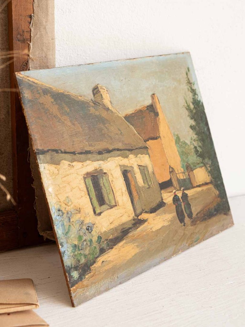Huile sur isorel signée G. Deschamps village bretagne