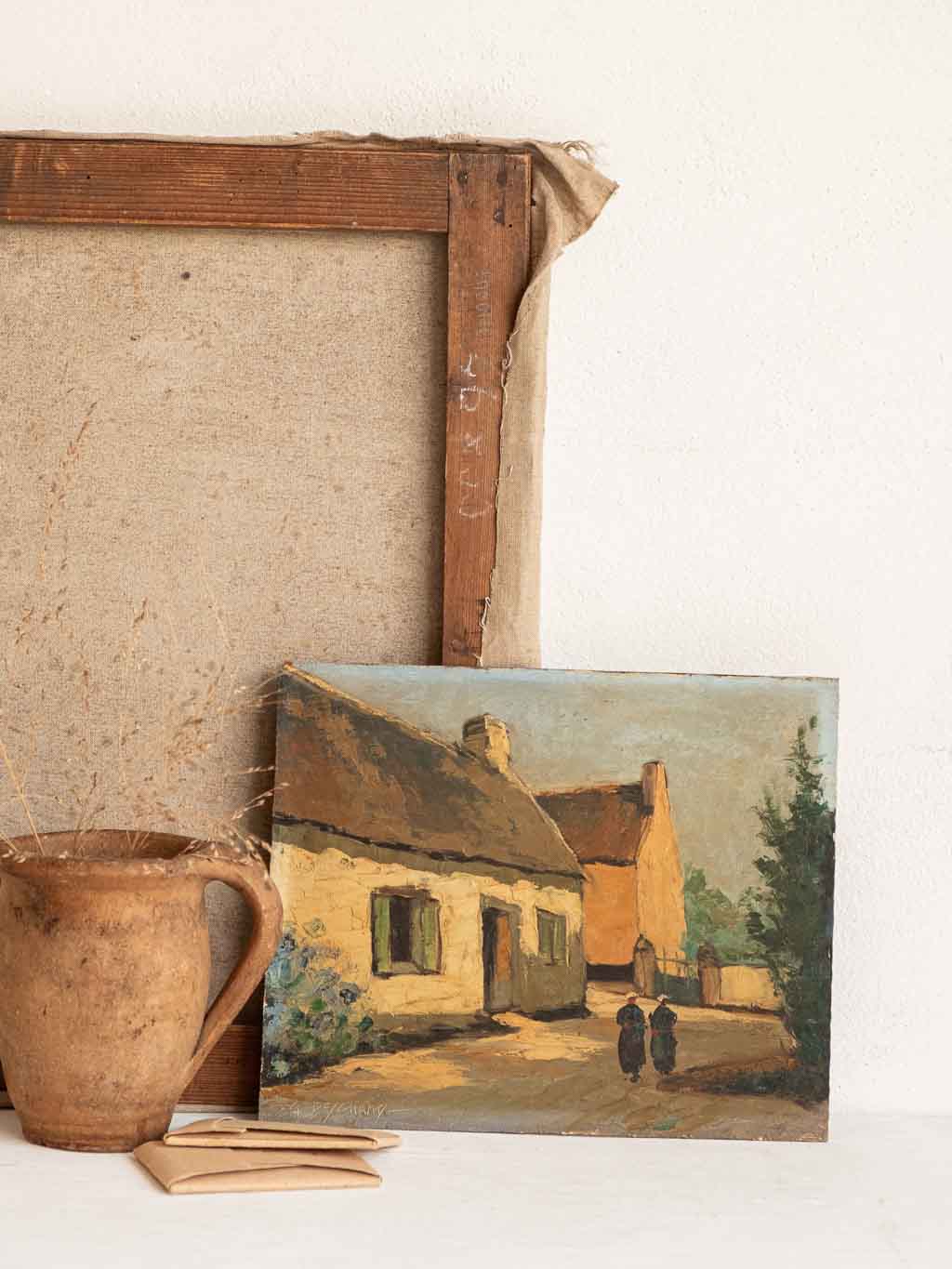Huile sur isorel signée G. Deschamps village bretagne