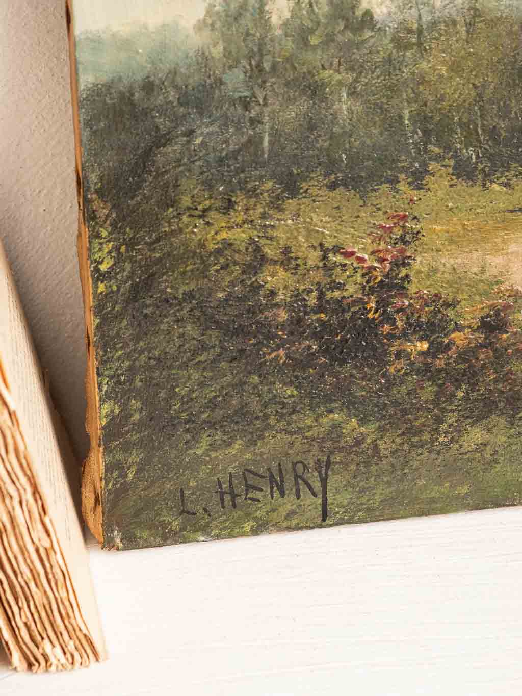 tableau peinture huile sur toile signée Lucien Henry paysage campagne du 19ème siècle