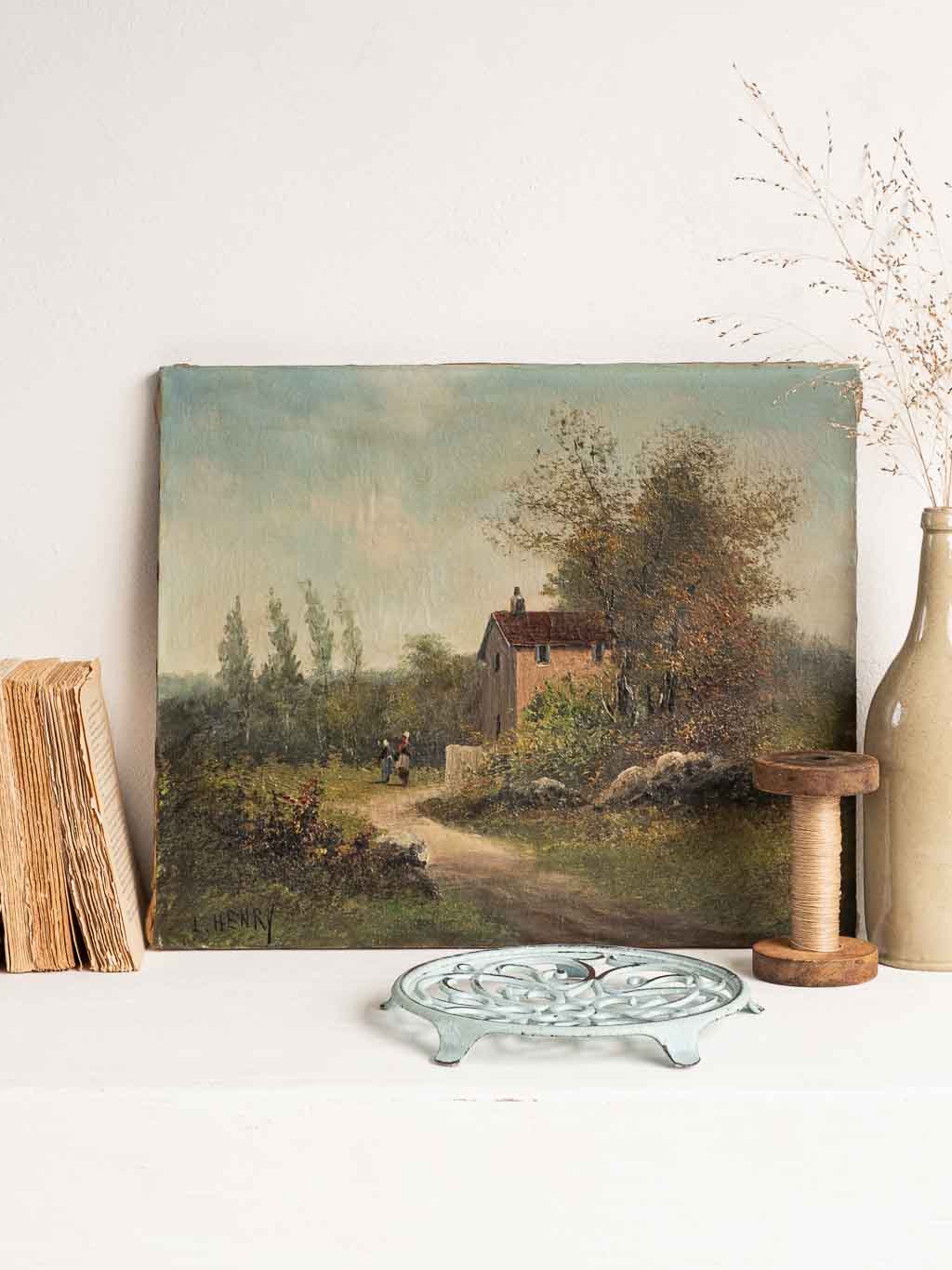 tableau peinture huile sur toile signée Lucien Henry paysage campagne du 19ème siècle
