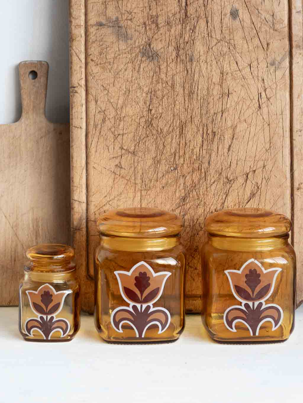 Lot de 3 bocaux vintage en verre ambré et motif fleur 70'