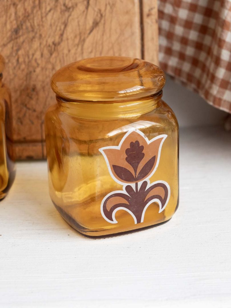 Lot de 3 bocaux vintage en verre ambré et motif fleur 70'