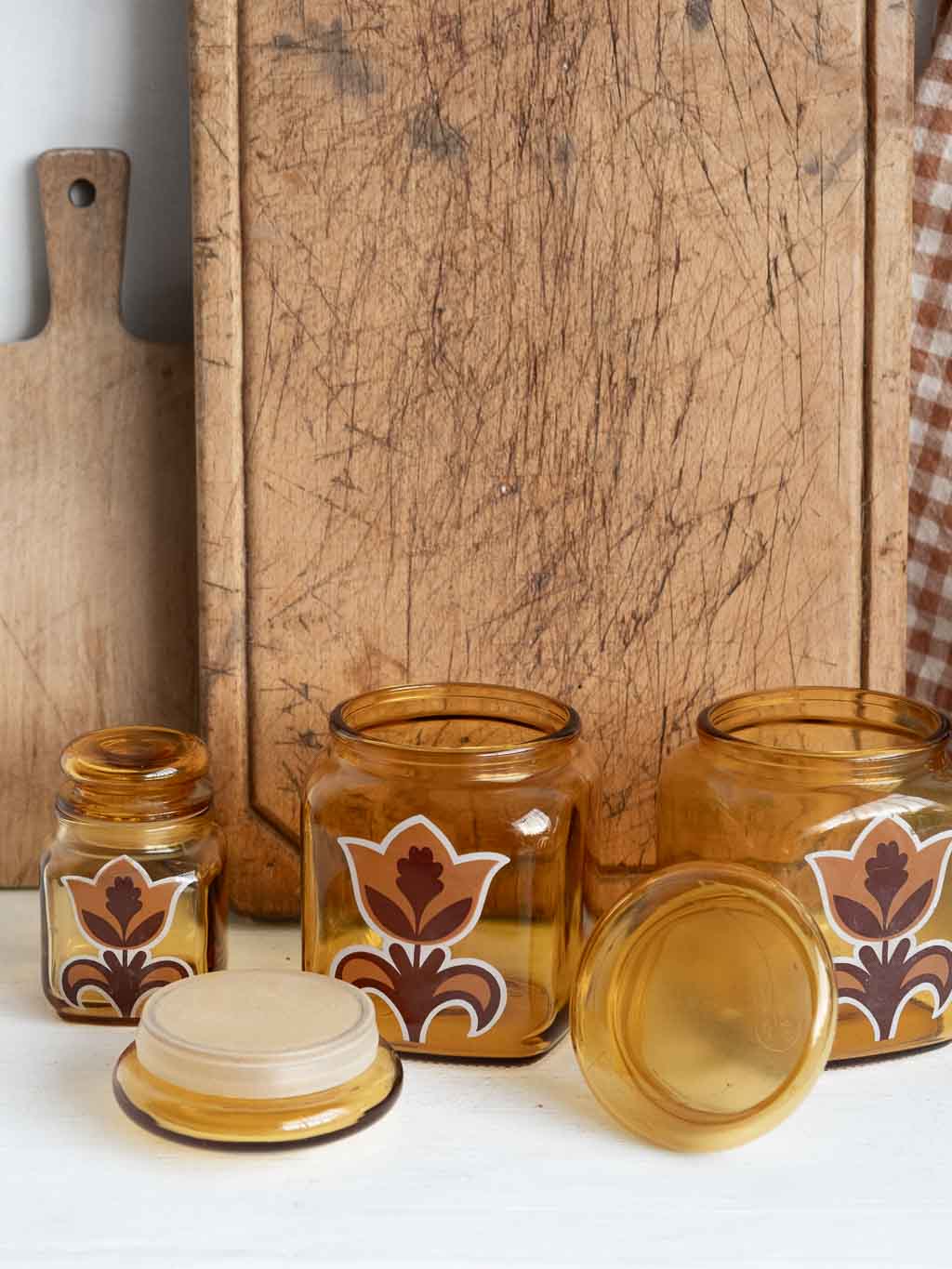 Lot de 3 bocaux vintage en verre ambré et motif fleur 70'