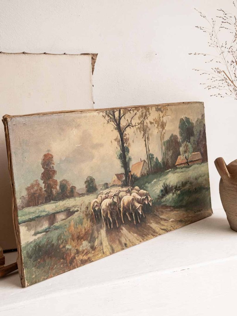 grande huile sur toile, scène pastorale en Provence. J Morin