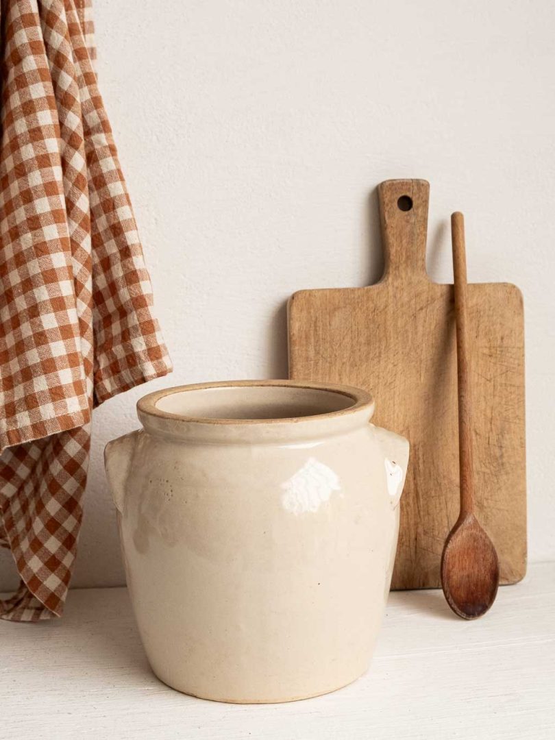 Grand pot à ustensiles ancien en grès blanc beige, Digoin