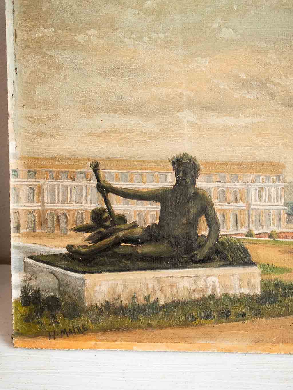 Peinture à l'huile ancienne sur bois , parc du château de Versailles