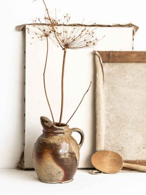 pichet ancien en grès émaillé, poterie artisanale vintage