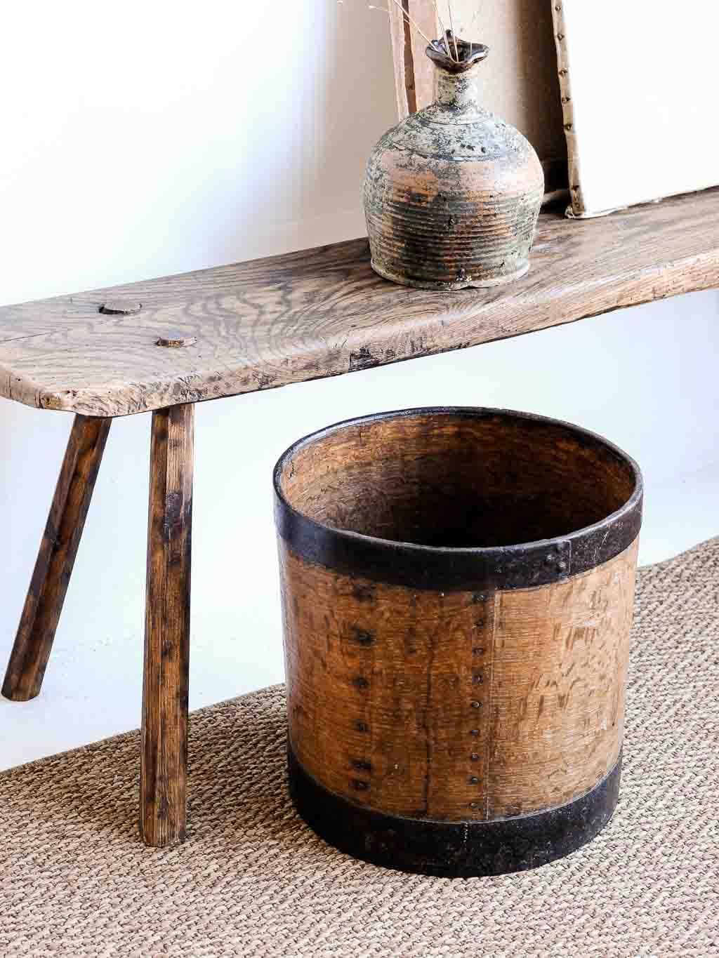 mesure à grain, boisseau en bois et métal 20L