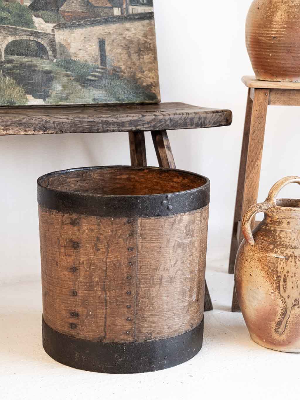mesure à grain, boisseau en bois et métal 20L