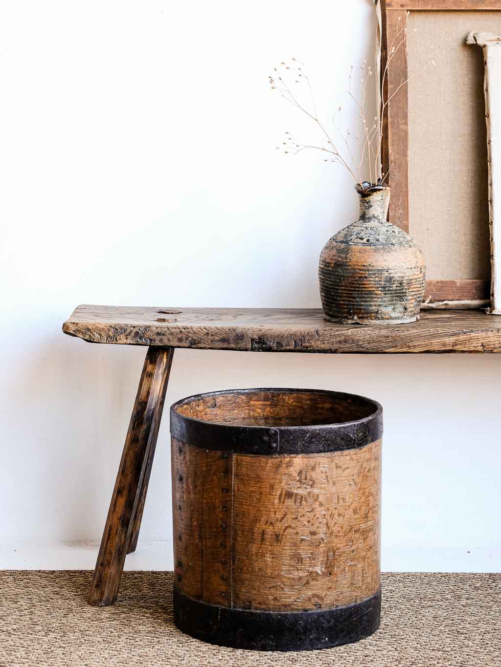 mesure à grain, boisseau en bois et métal 20L