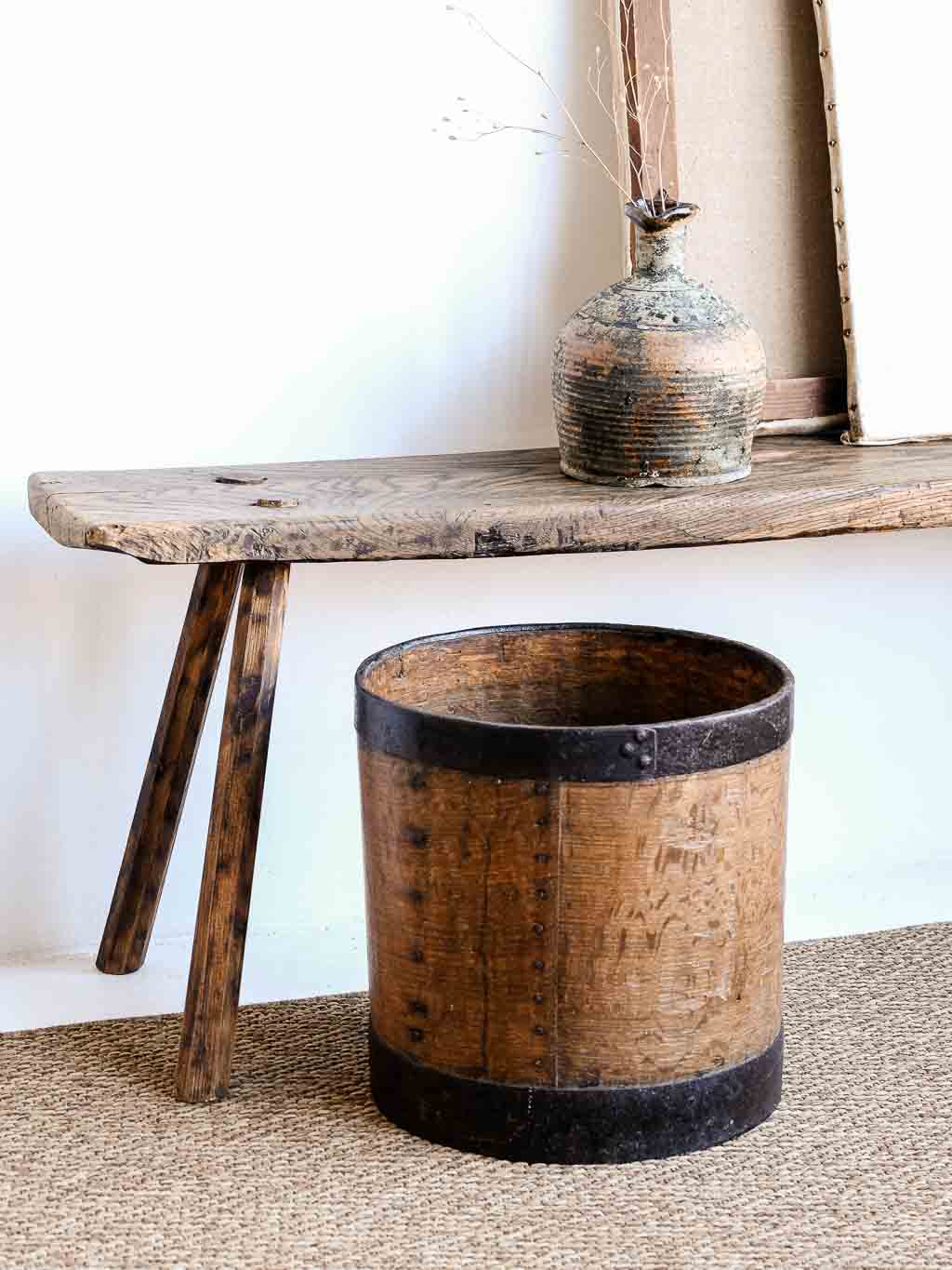 mesure à grain, boisseau en bois et métal 20L
