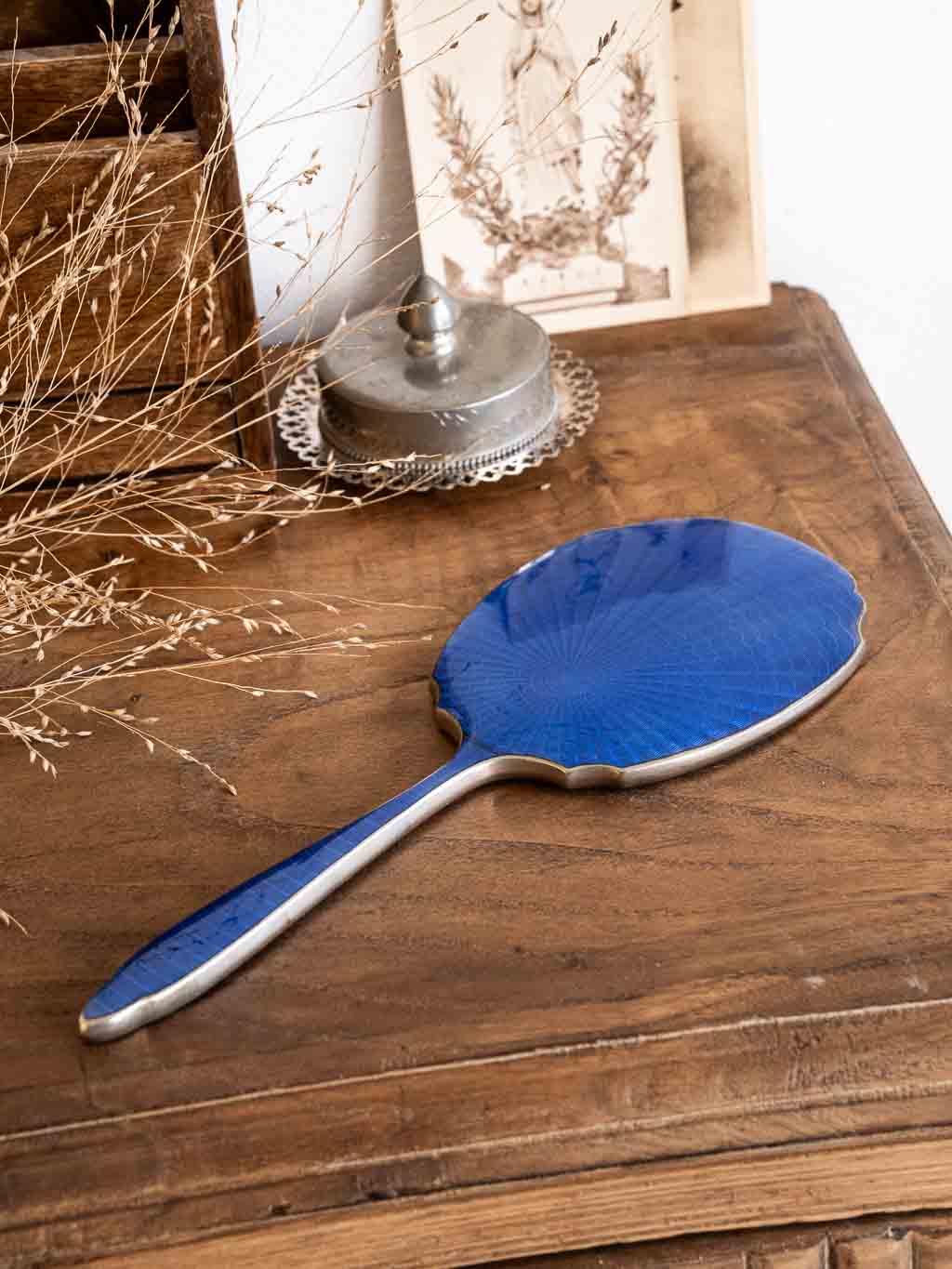 miroir à main vintage dos bleu