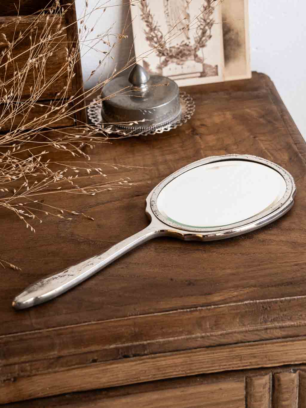 miroir à main vintage dos bleu