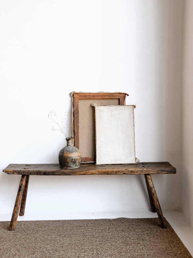 banc ancien rustique brutaliste en chêne massif