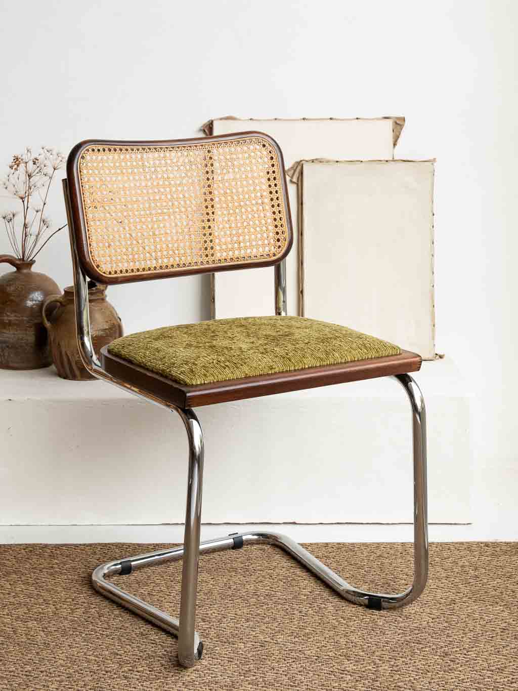 Chaise b32 cesca de Marcel Breuer chrome cannage tissus vert vintage