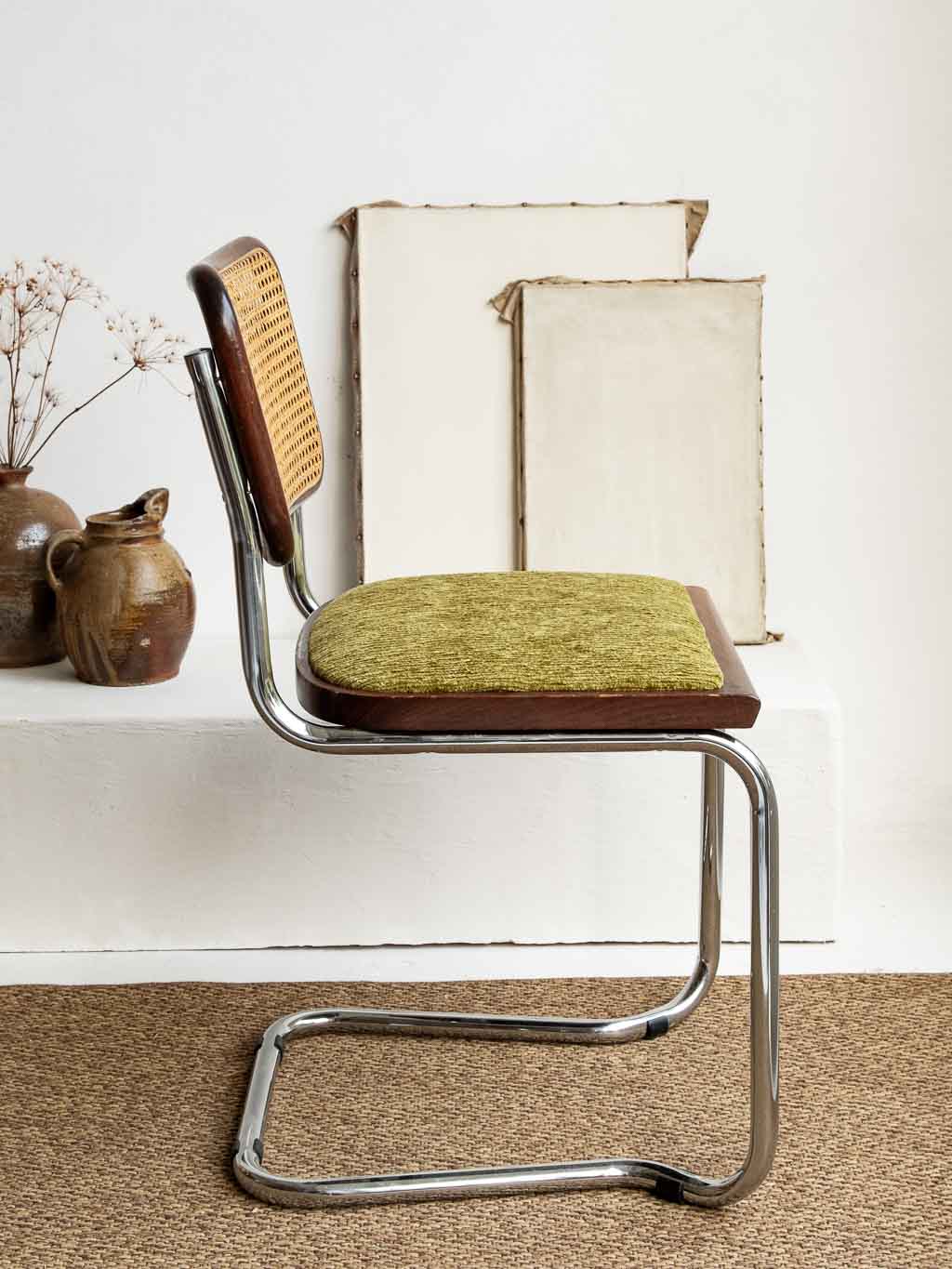 Chaise b32 cesca de Marcel Breuer chrome cannage tissus vert vintage