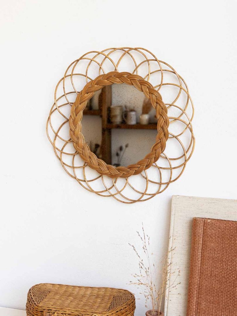 Miroir vintage rosace en rotin