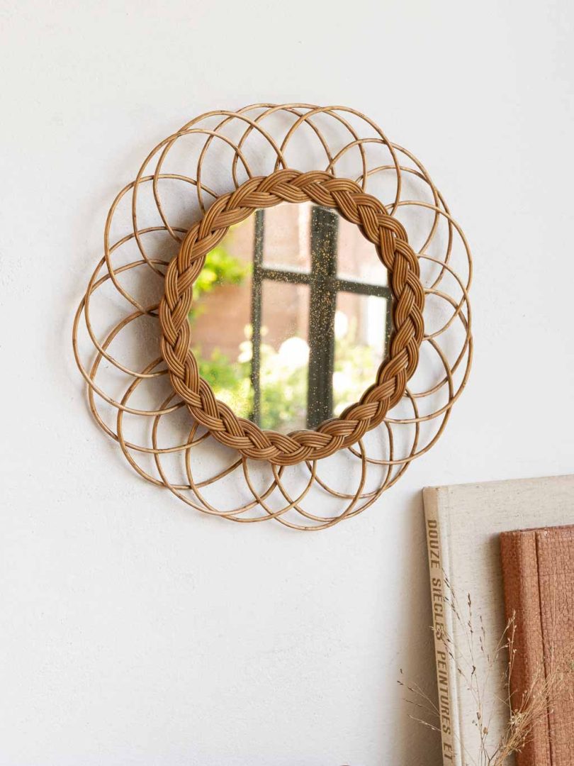 Miroir vintage rosace en rotin