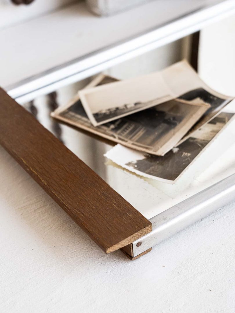 plateau vintage miroir bois et métal 1940
