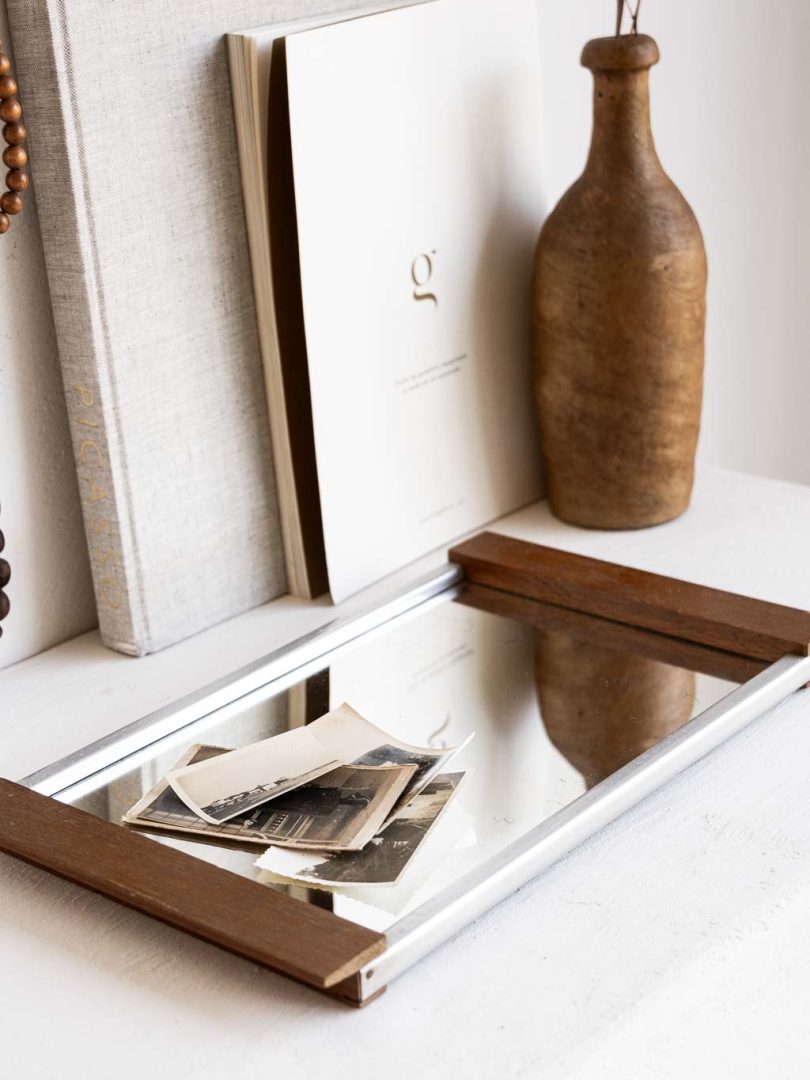 plateau vintage miroir bois et métal 1940