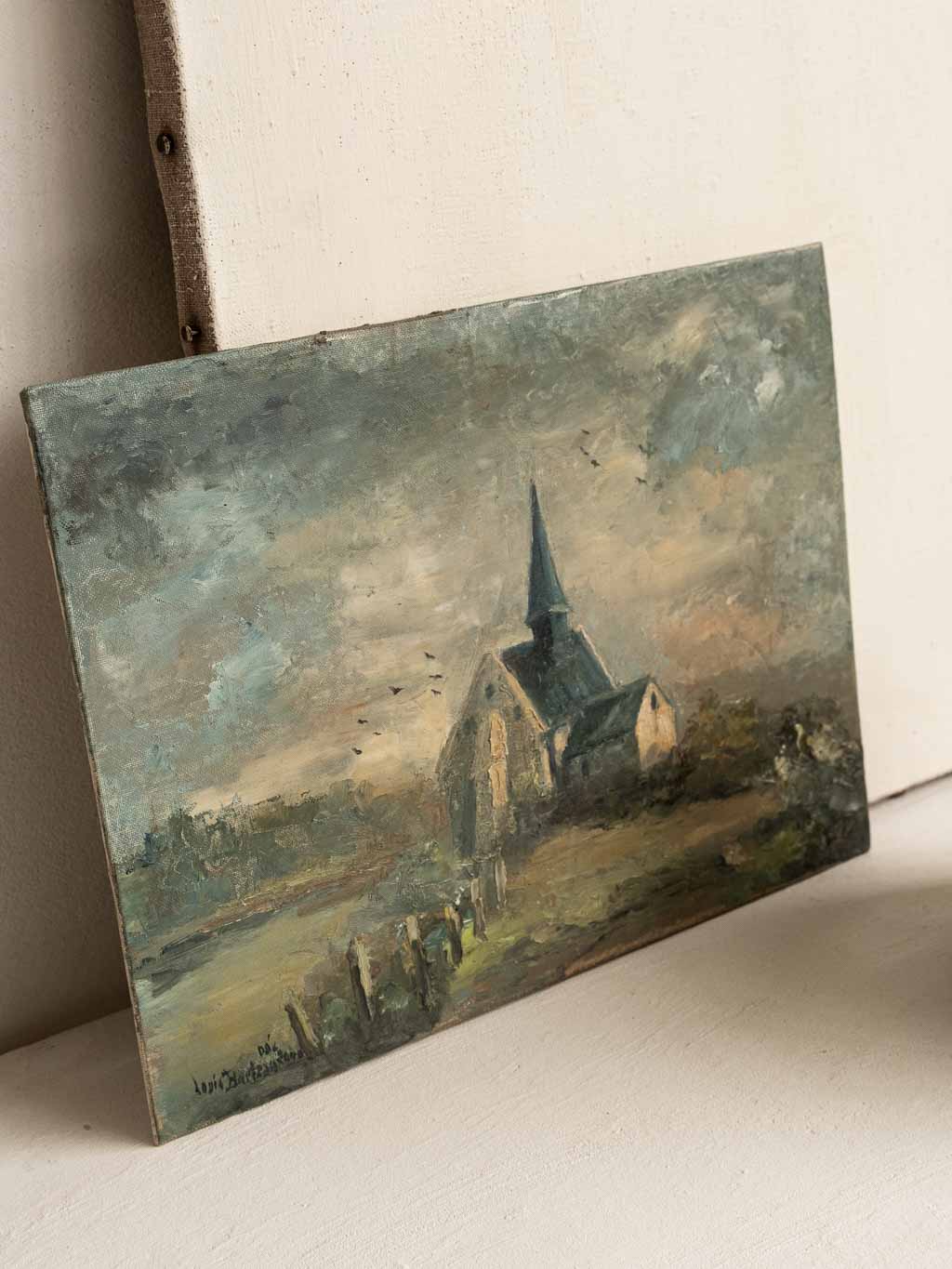 peinture à l'huile sur carton entoilé Louis Barteau, eglise village