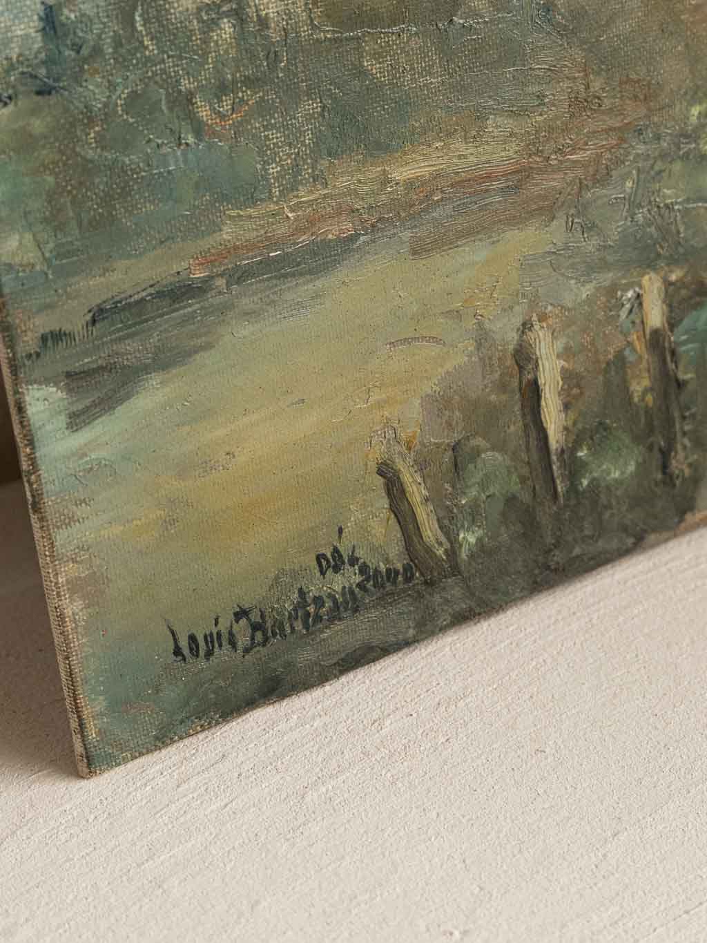 peinture à l'huile sur carton entoilé Louis Barteau, eglise village