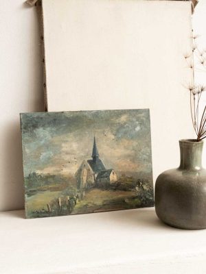peinture à l'huile sur carton entoilé Louis Barteau, eglise village