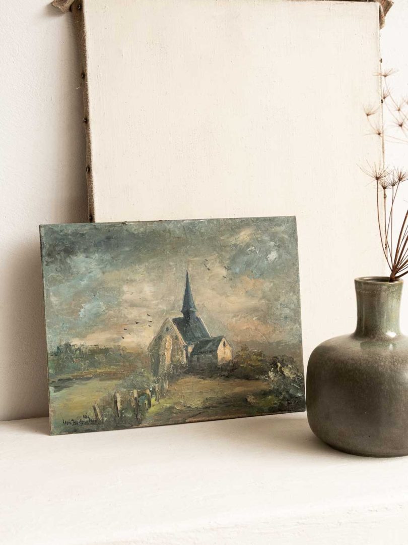 peinture à l'huile sur carton entoilé Louis Barteau, eglise village