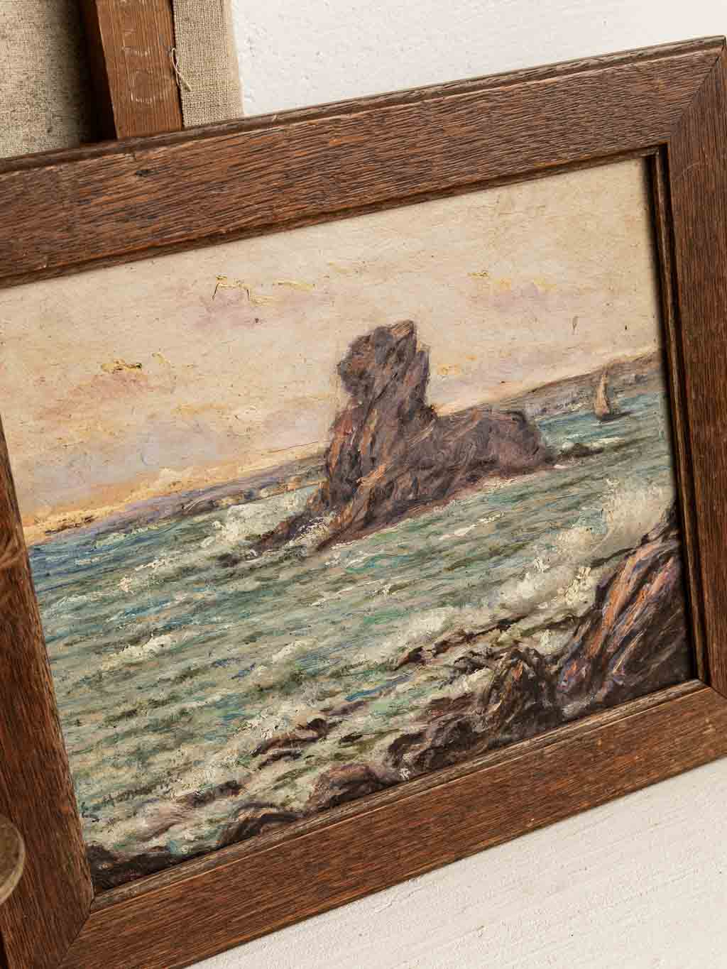 Peinture à l'huile sur bois : paysage, le rocher du lion Belle-ile Bretagne