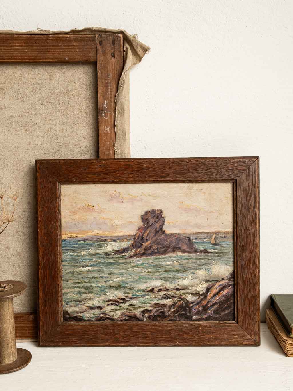 Peinture à l'huile sur bois : paysage, le rocher du lion Belle-ile Bretagne