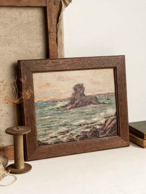 Peinture à l'huile sur bois : paysage, le rocher du lion Belle-ile Bretagne