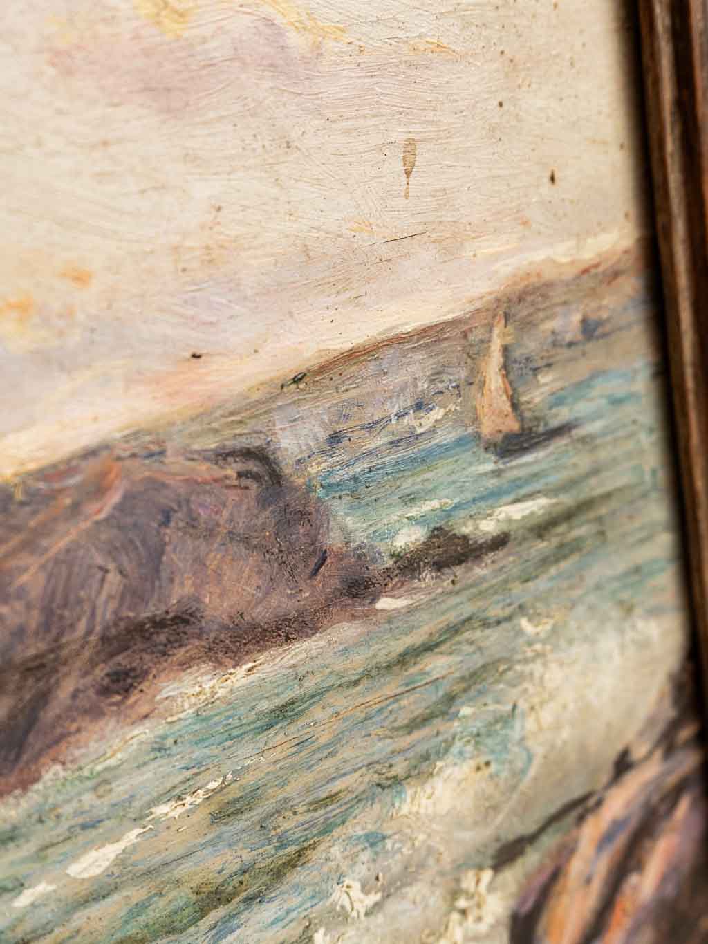 Peinture à l'huile sur bois : paysage, le rocher du lion Belle-ile Bretagne