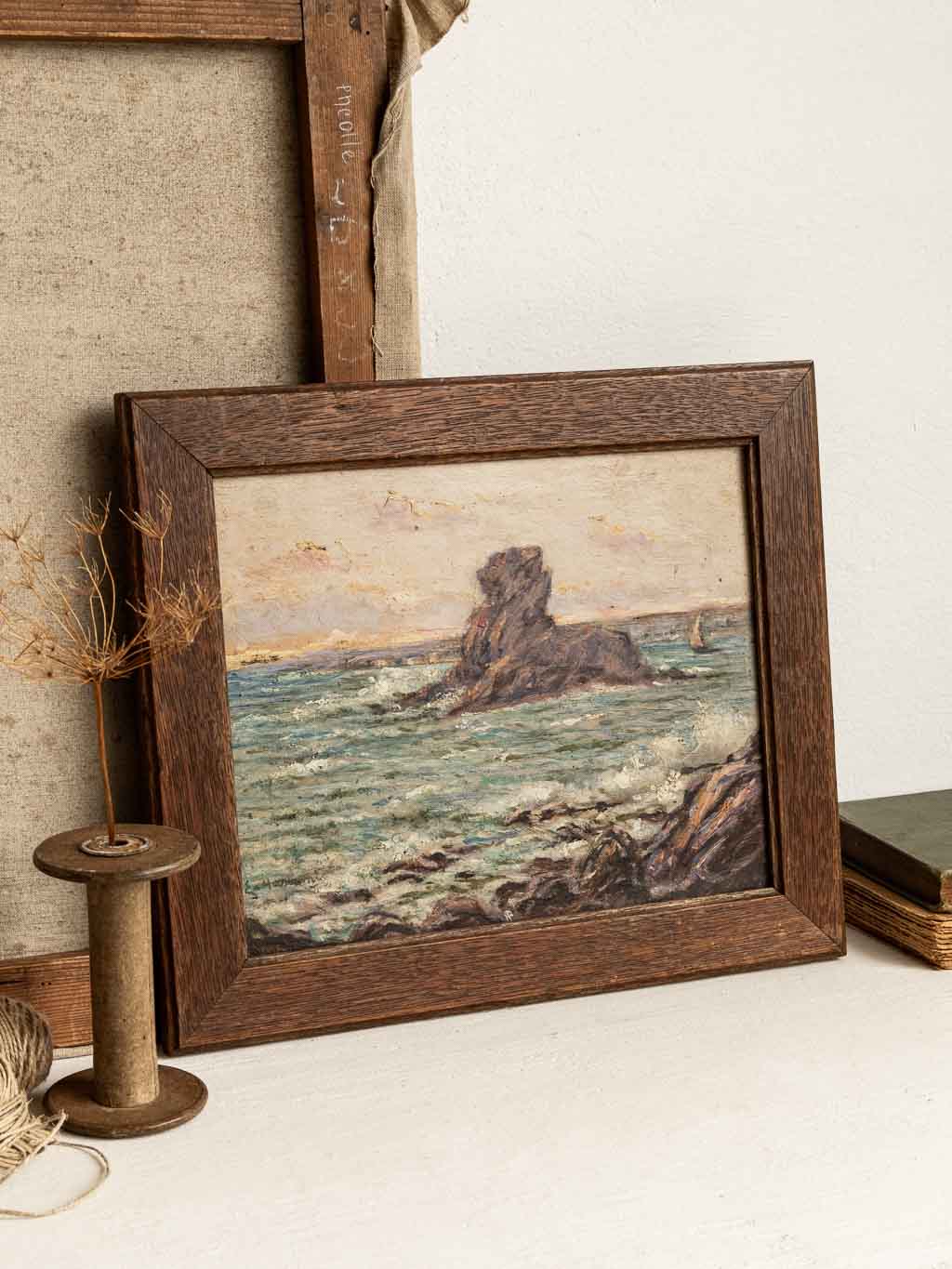 Peinture à l'huile sur bois : paysage, le rocher du lion Belle-ile Bretagne
