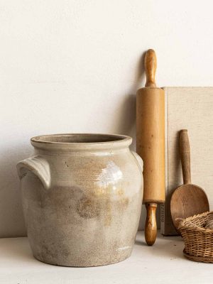 Grand pot à confit en grès cérame beige emaillé