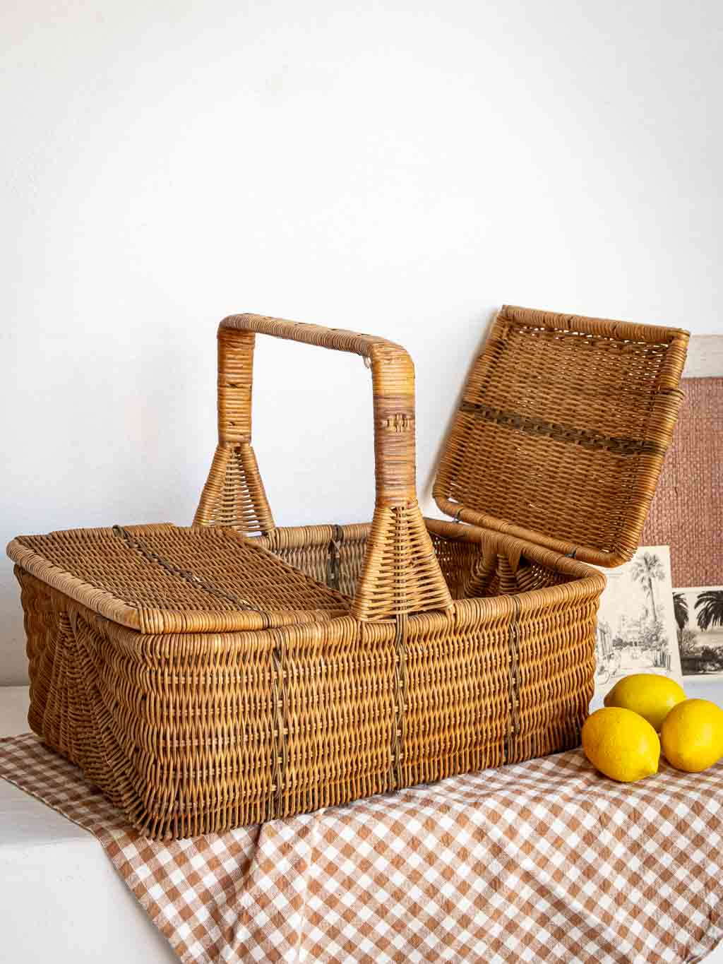 Panier vintage de pique-nique en rotin avec abattants
