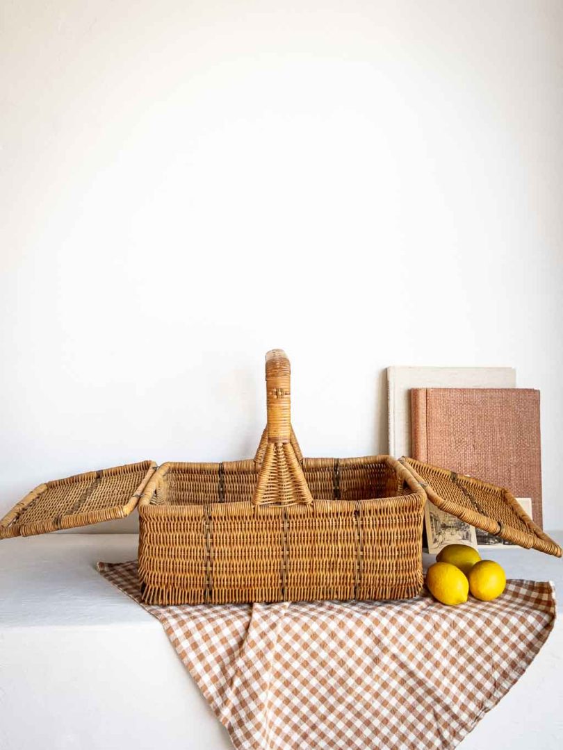 Panier vintage de pique-nique en rotin avec abattants