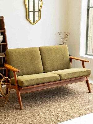 banquette vintage scandinave en teck 2 places tissus vert olive 1960