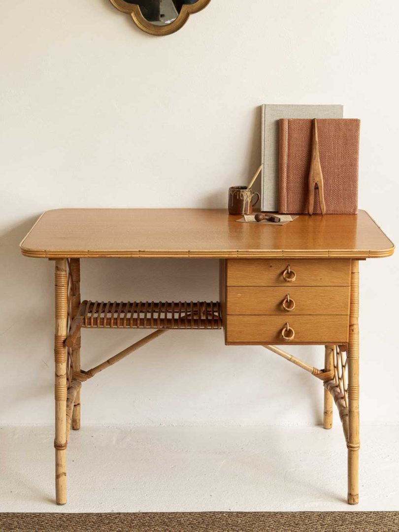 Bureau vintage rotin bambou 1960 dlg Louis Sognot