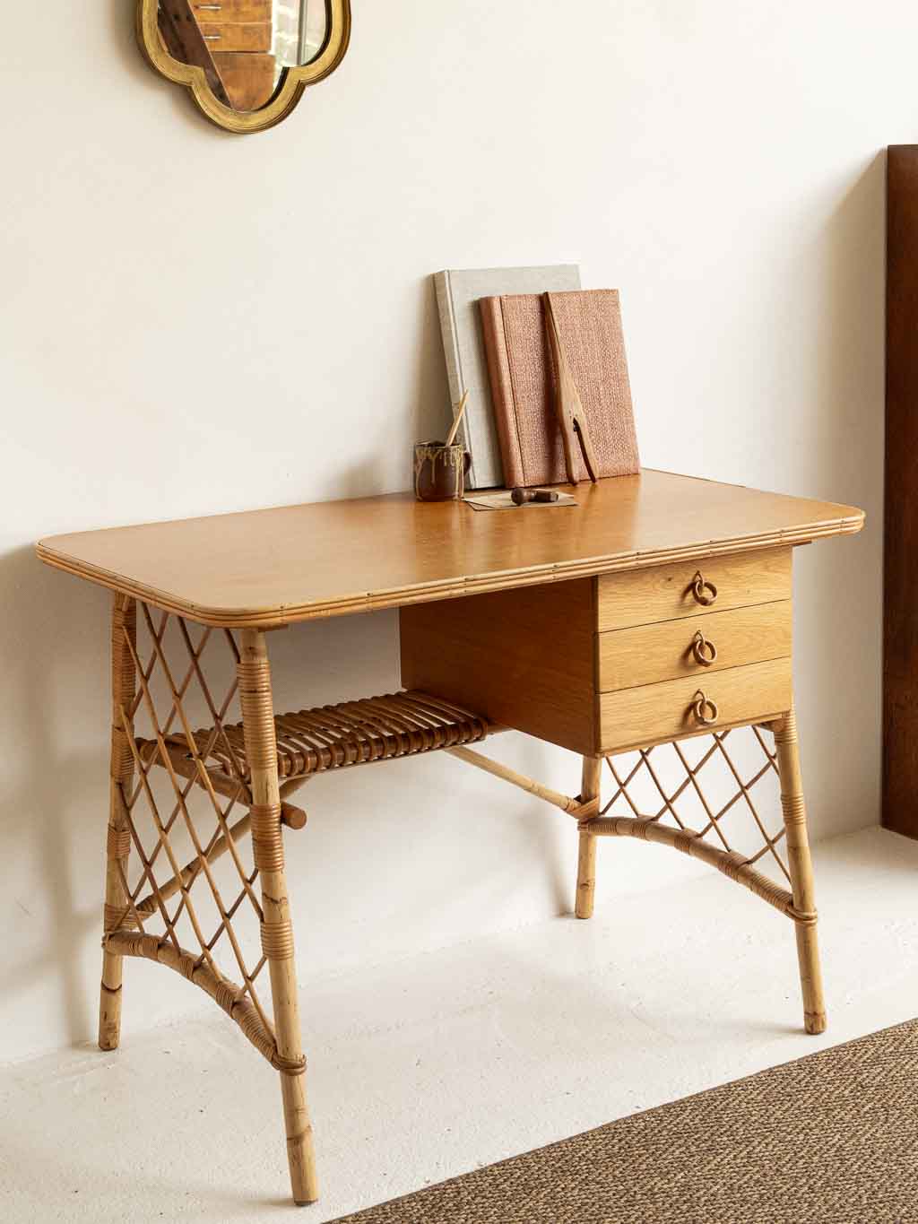 Bureau vintage rotin bambou 1960 dlg Louis Sognot