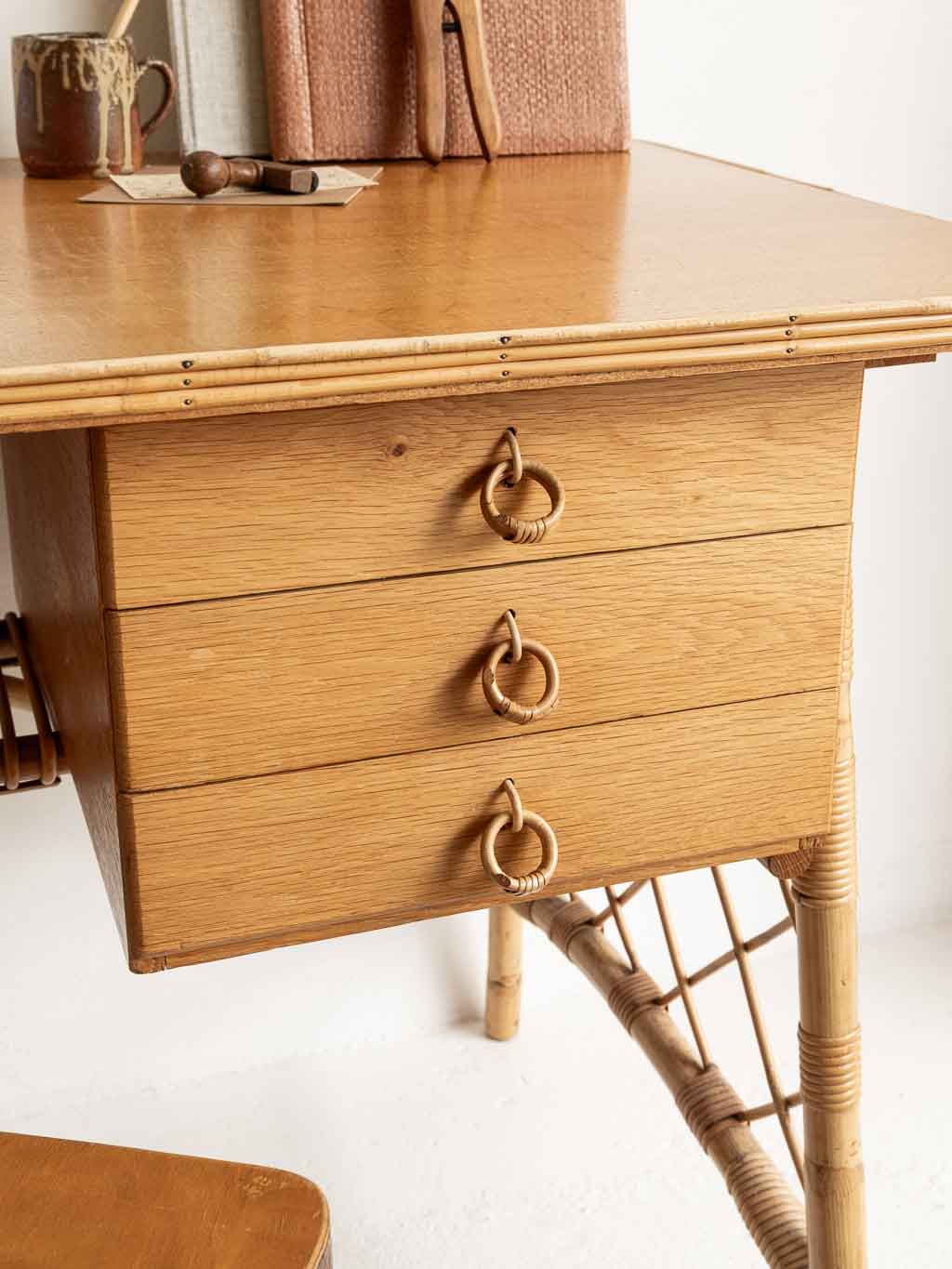 Bureau vintage rotin bambou 1960 dlg Louis Sognot