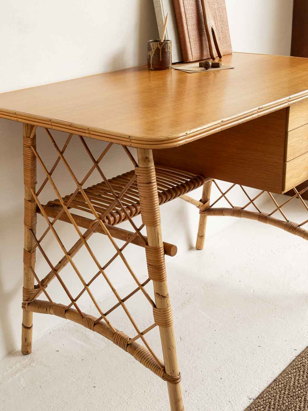 Bureau vintage rotin bambou 1960 dlg Louis Sognot