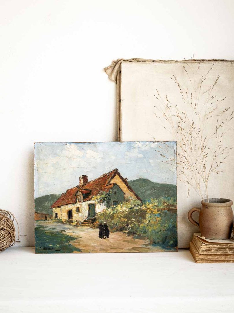 peinture huile sur bois Gabriel Deschamps scène rurale